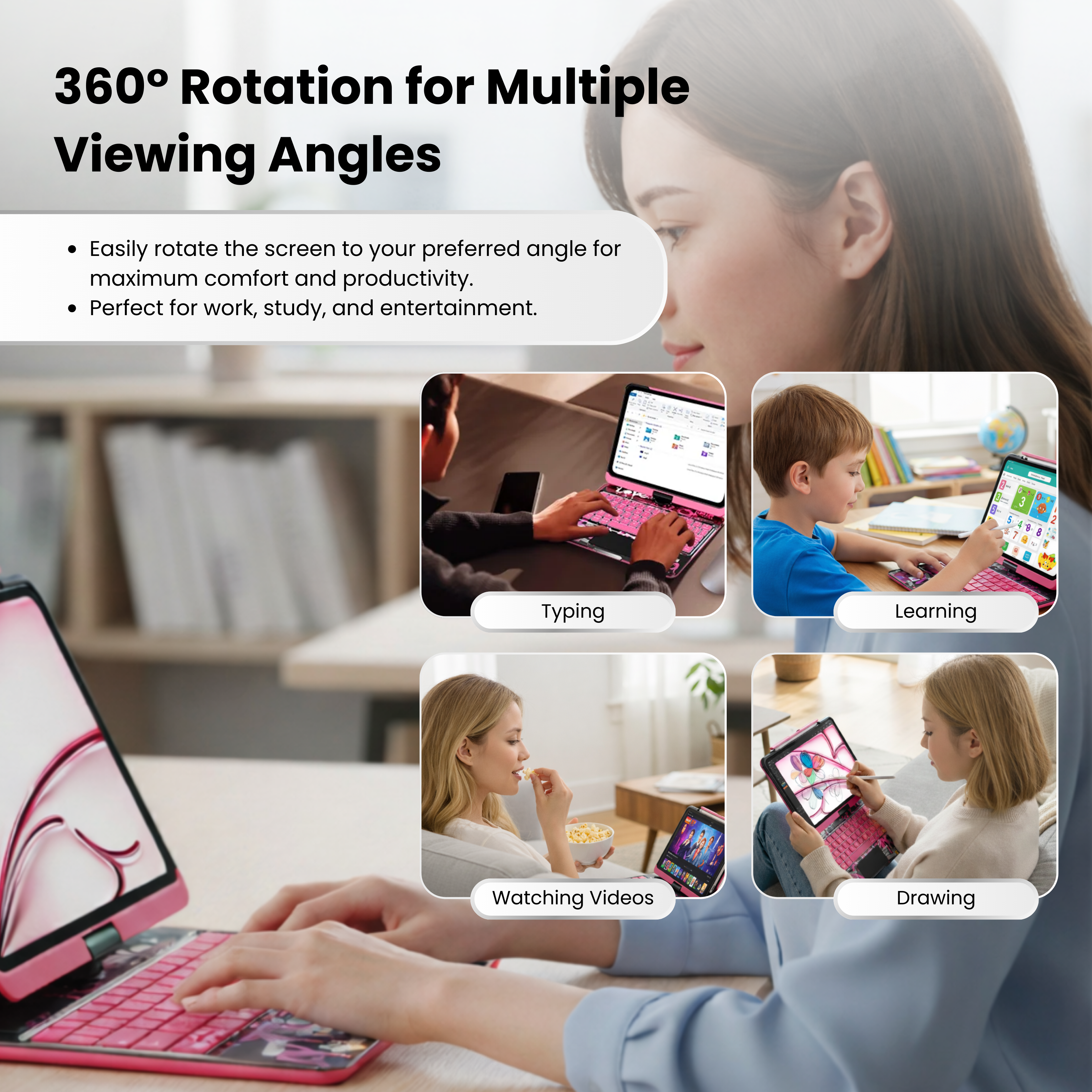 Transparent Pink 360° Rotating iPad Keyboard Case