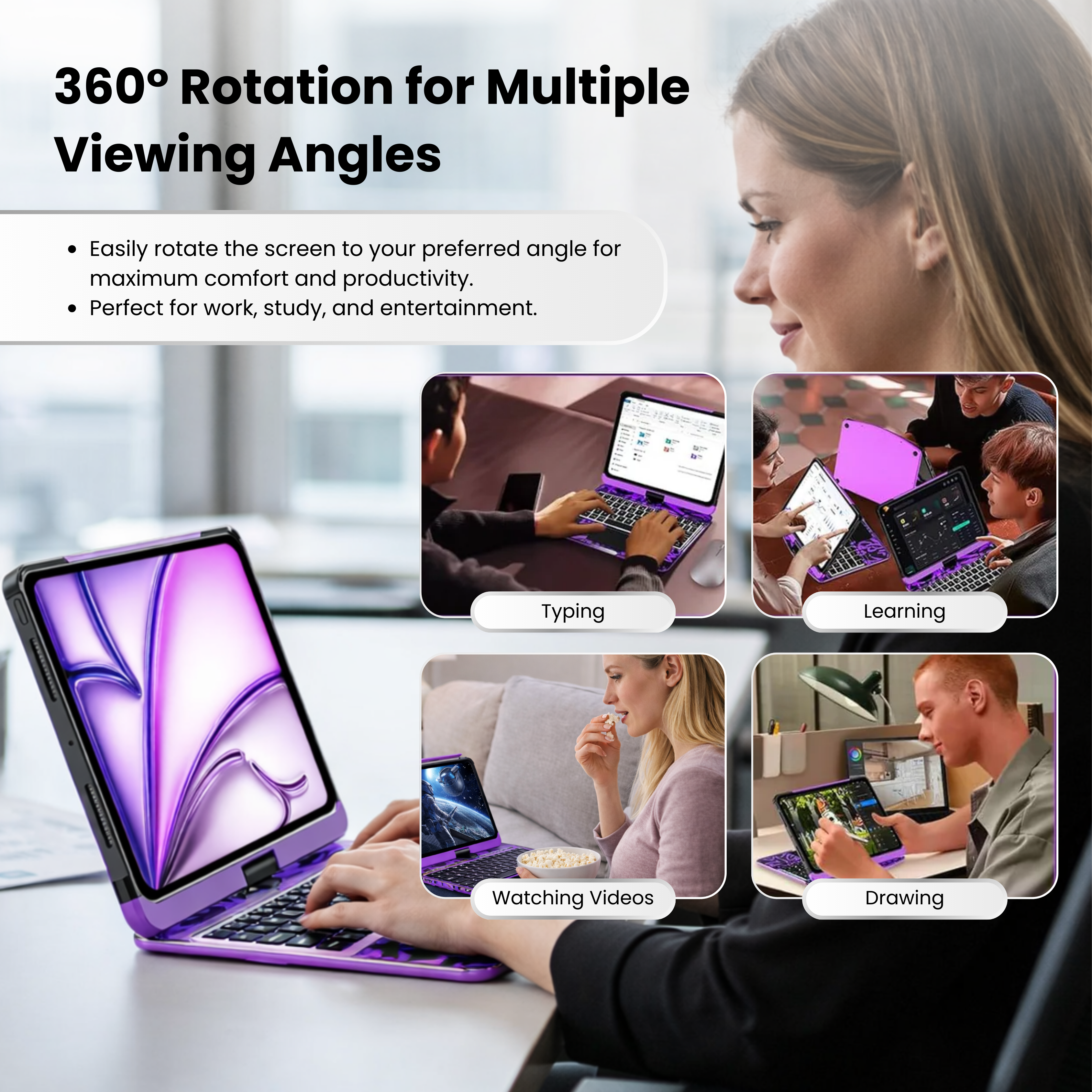 Transparent Purple 360° Rotating iPad Keyboard Case