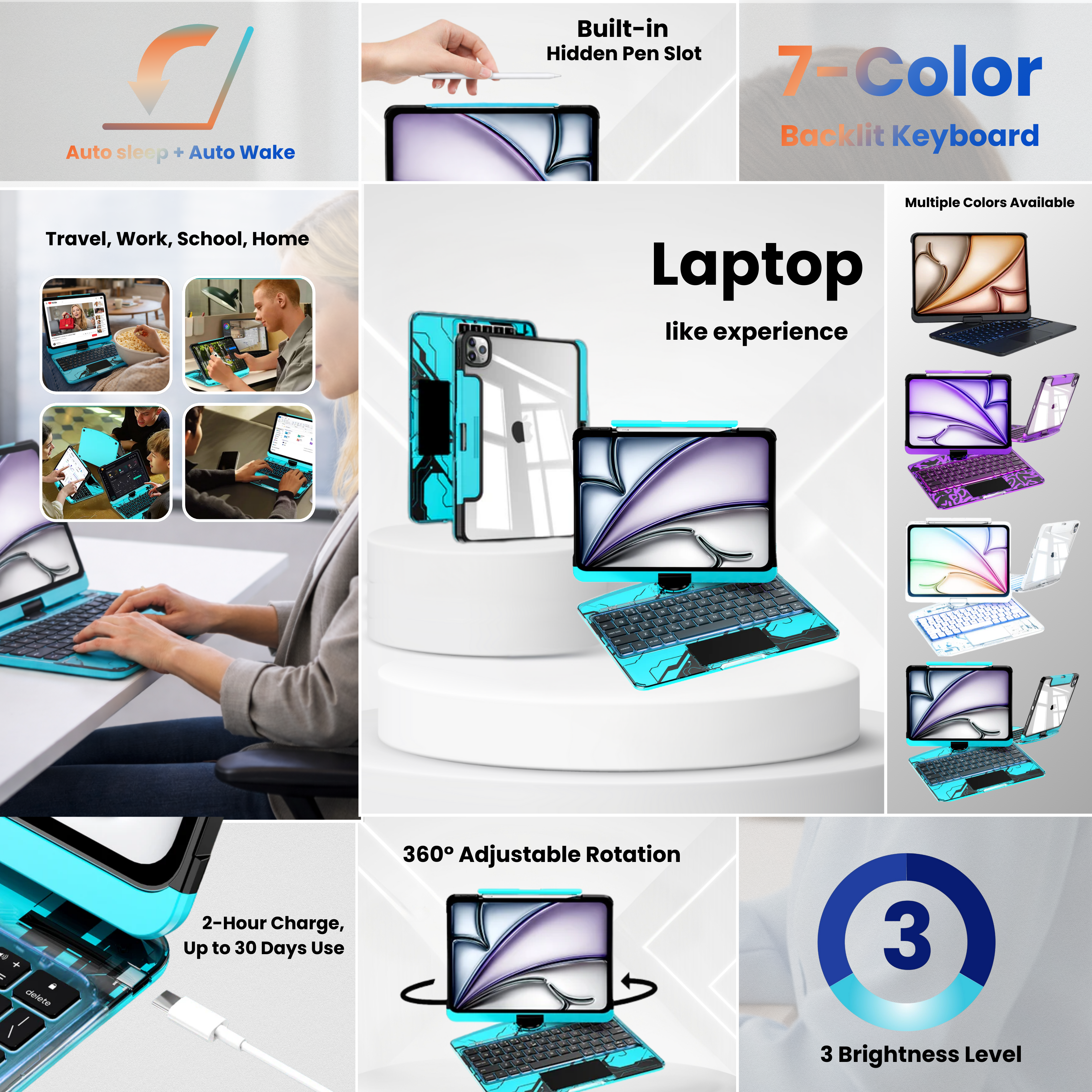 Transparent Blue 360° Rotating iPad Keyboard Case