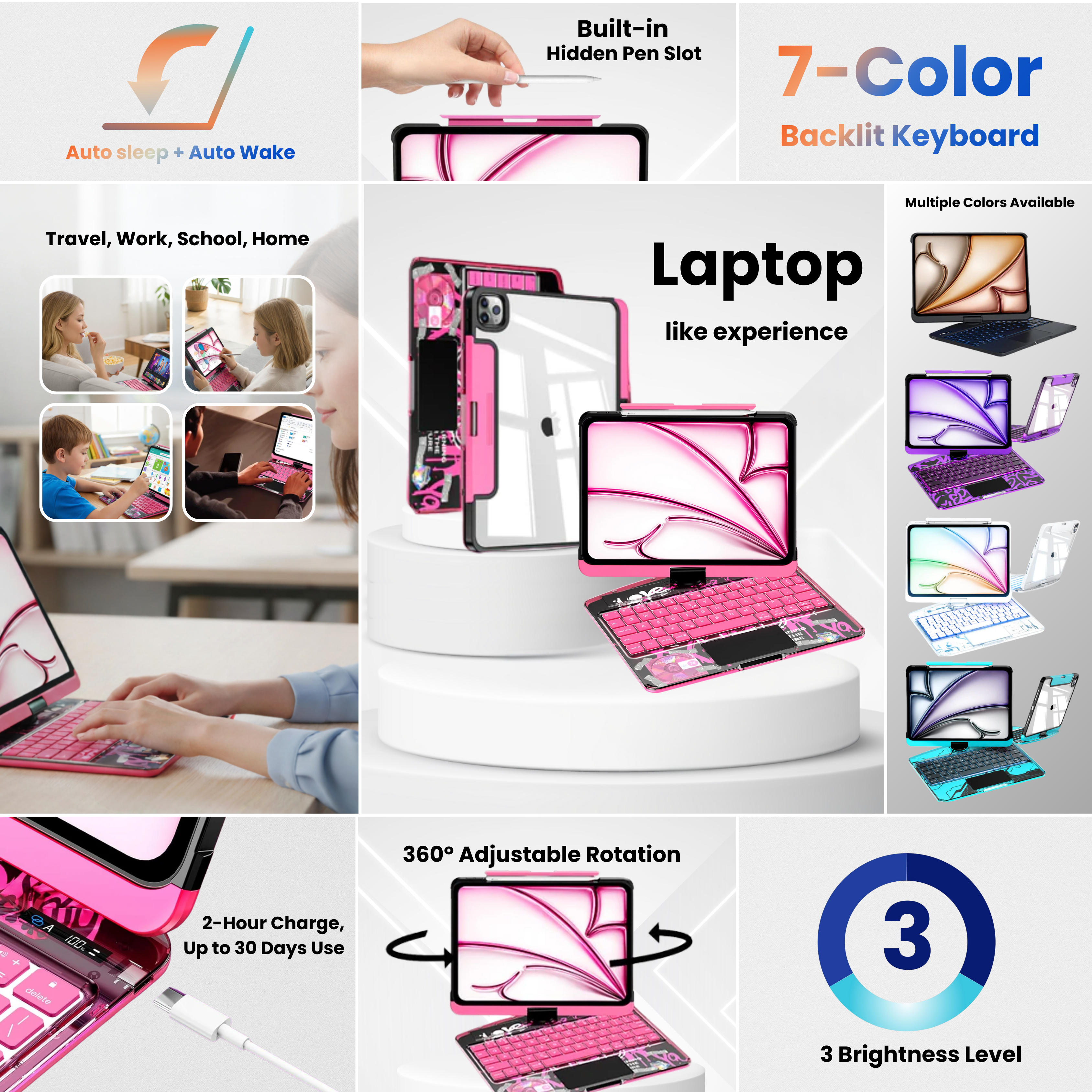 Transparent Pink 360° Rotating iPad Keyboard Case