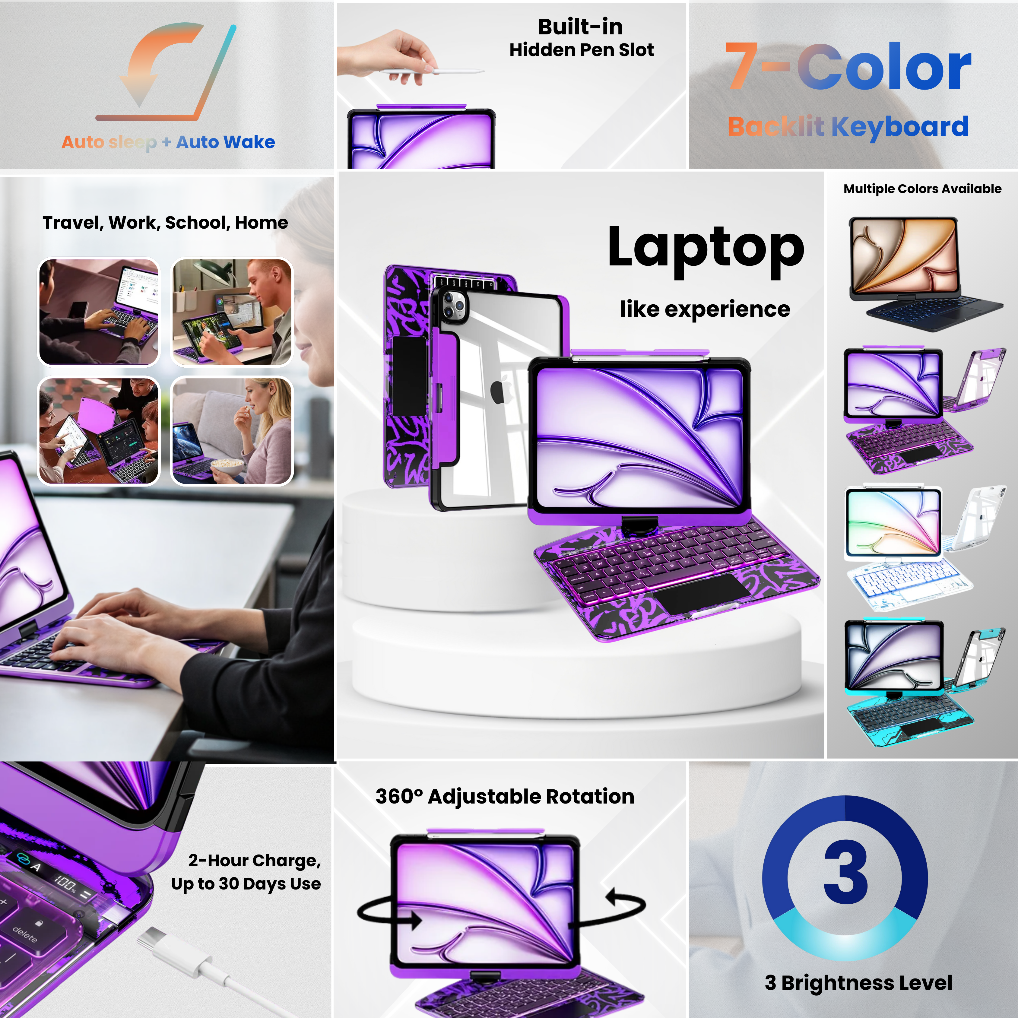 Transparent Purple 360° Rotating iPad Keyboard Case