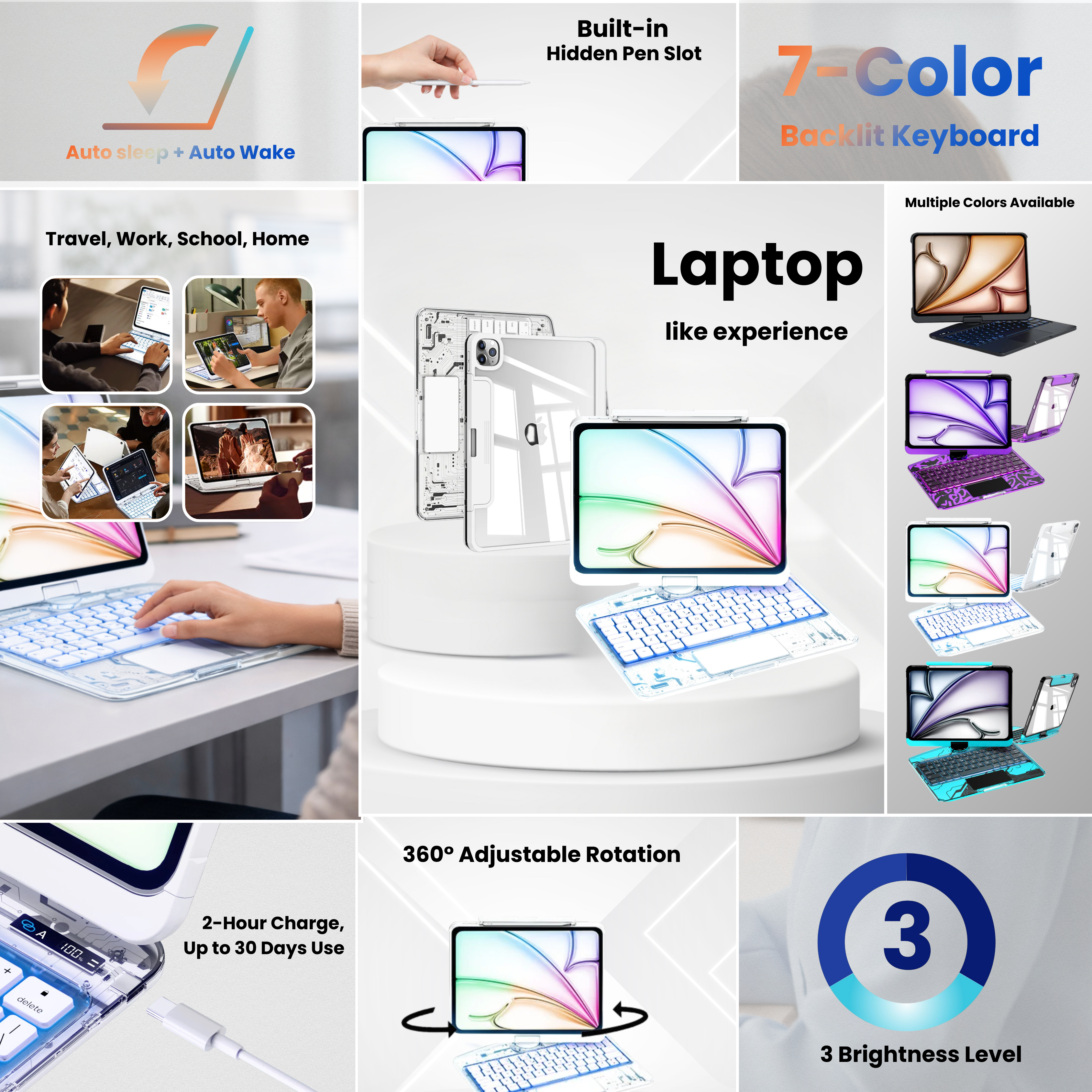 Transparent White 360° Rotating iPad Keyboard Case
